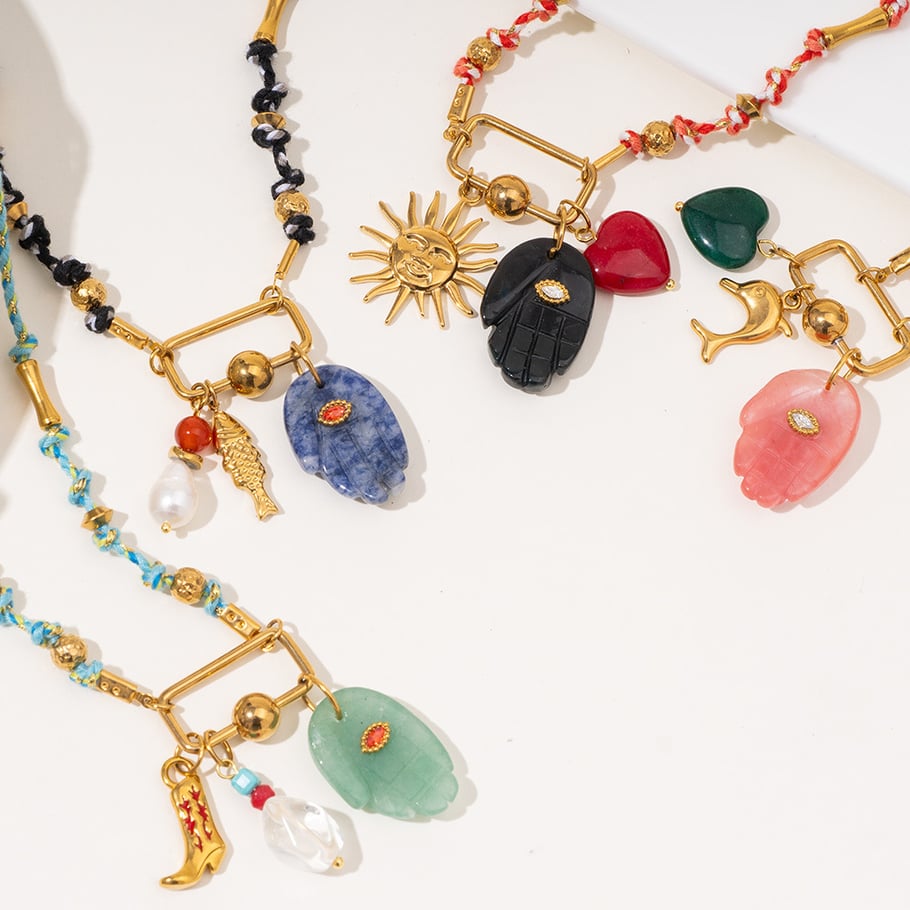 1 Piece Handcrafted Series Bohemian Hand Stainless Steel Gold Color Natural Stone Women's Pendant Necklaces Picture6