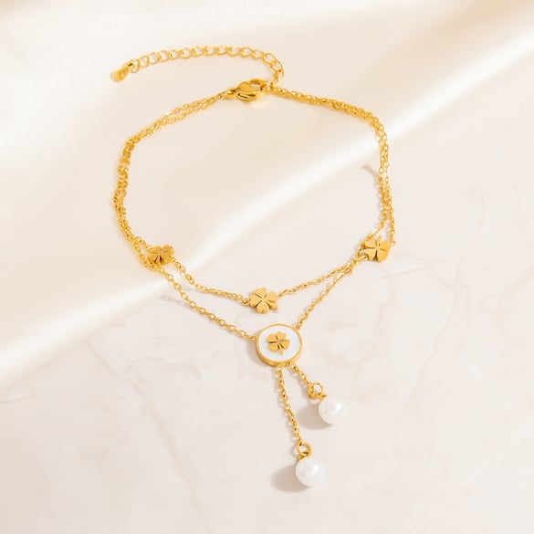 Cavigliere da donna in acciaio inossidabile color oro con perle artificiali e fiori classici 2