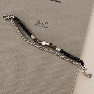 Retro Cross Tiger-eye Stone Stainless Steel Men's Beaded Bracelets h5 Picture3