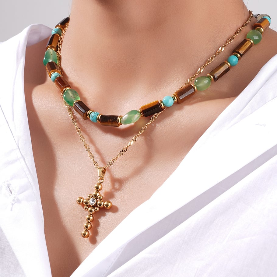 Classic Cross Stainless Steel Gold Color Natural Stone Women's Beaded Necklaces Picture4
