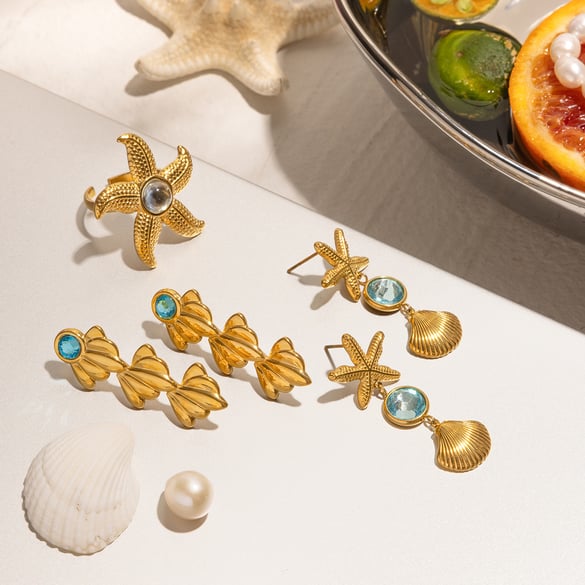 Starfish Stainless Steel Gold Color Dangle Earrings & Ring 2