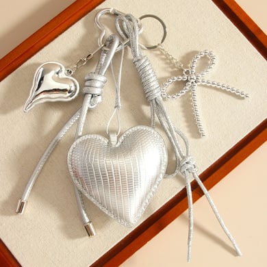 Premium Feel Silver PU Heart Bow Braided Rope Women's Bag Charms h5 
