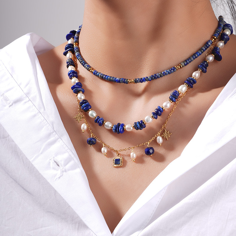 1 Piece Sophisticated Series Bohemian Stainless Steel Gold Color Blue Natural Stone BeadsWomen's Beaded Necklaces Picture3