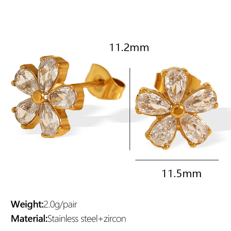 1 paio di orecchini a bottone in acciaio inossidabile color oro con fiore 