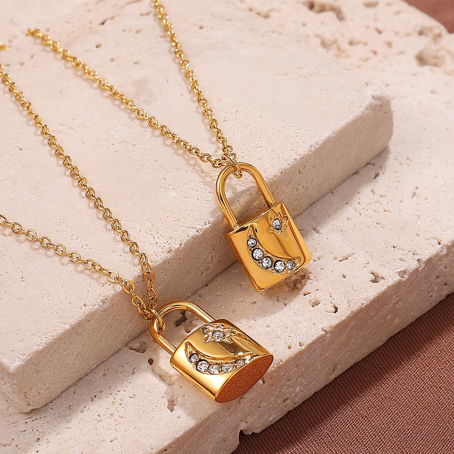 Collares colgantes de acero inoxidable color dorado con cerradura h5Imagen3