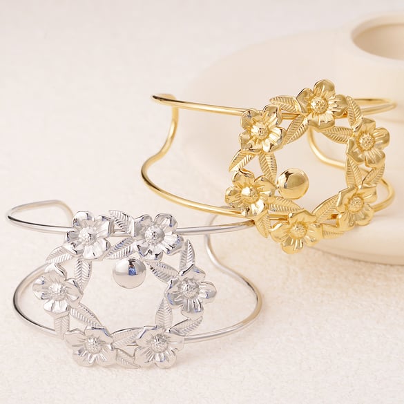Bracelet pour femme en acier inoxydable couleur or, motif fleur naturelle, série romantique, 1 pièce 2