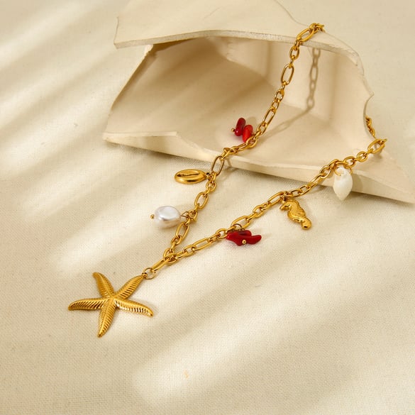 Collana con ciondolo a forma di stella marina in acciaio inossidabile, elemento oceano, 1 pezzo 2
