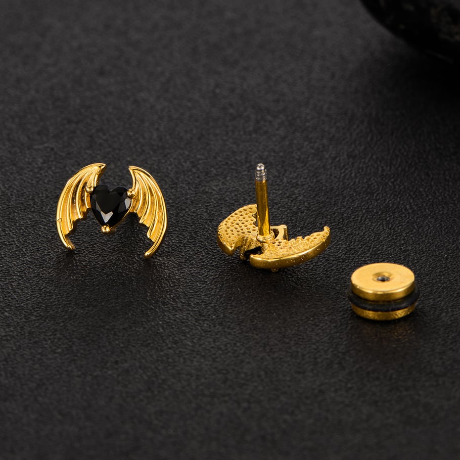 1 Piece Intricate Series Heart Wings Stainless Steel Gold Color Men's Earrings Picture8