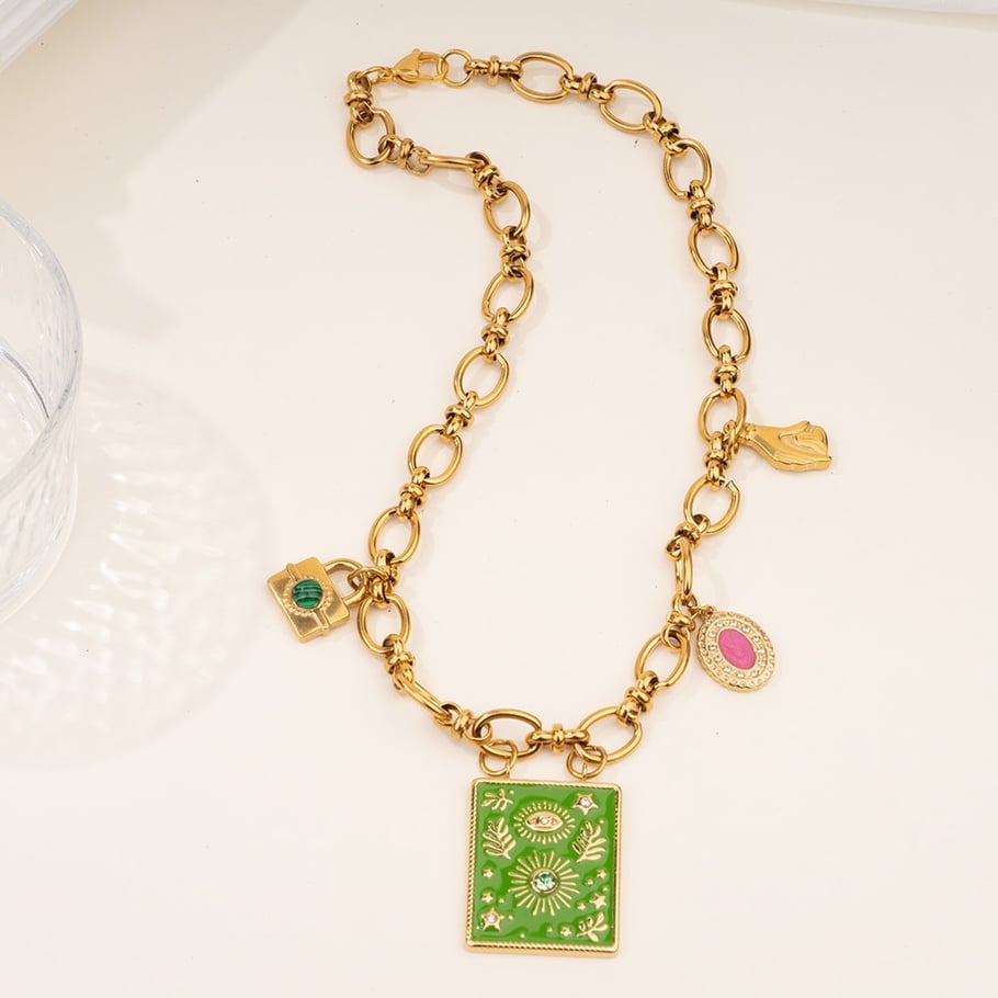 1 Piece Luxurious Series Bohemian Green Eye Tarot Stainless Steel Gold Color Women's Beaded Necklaces Picture5