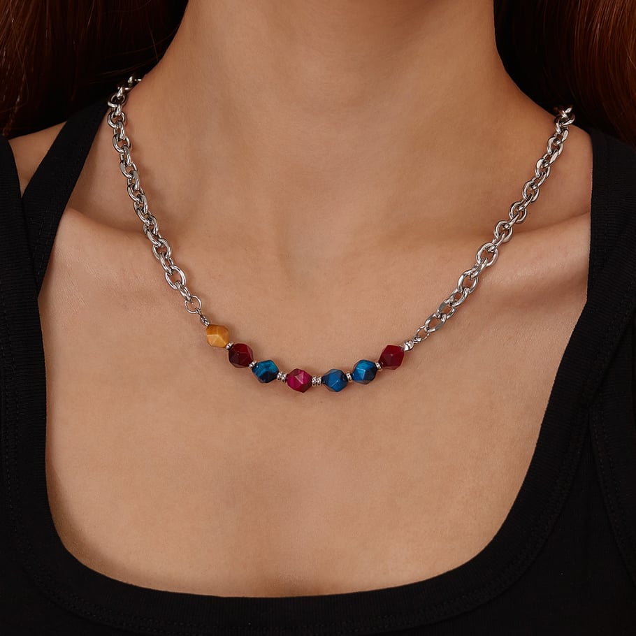 Versatile Colorful Natural Stone Stainless Steel Men's Chain Necklaces Picture4