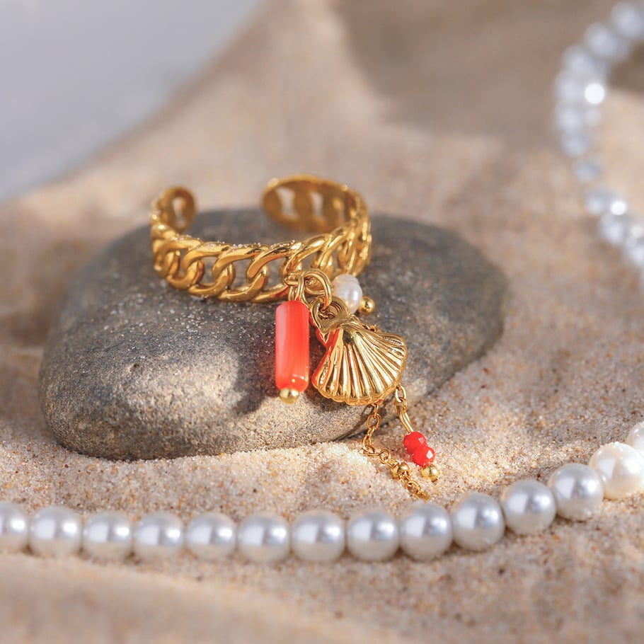 1 Piece Gold Color Stainless Steel Coral Pendant Women's Adjustable Rings Picture3