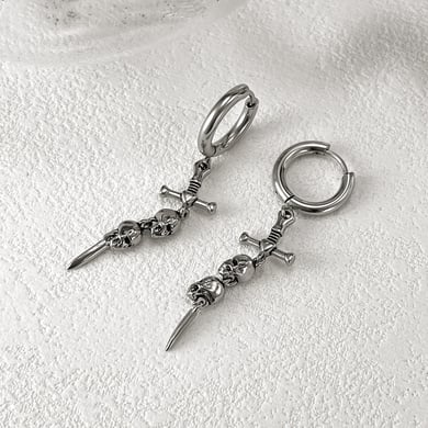 Ornate Skull & Sword Stainless Steel Men's Drop Earrings h5 Picture3