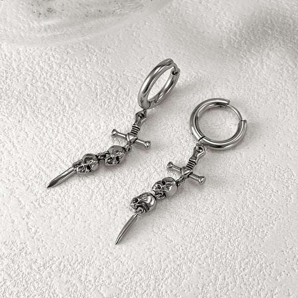 Ornate Skull & Sword Stainless Steel Men's Drop Earrings 2