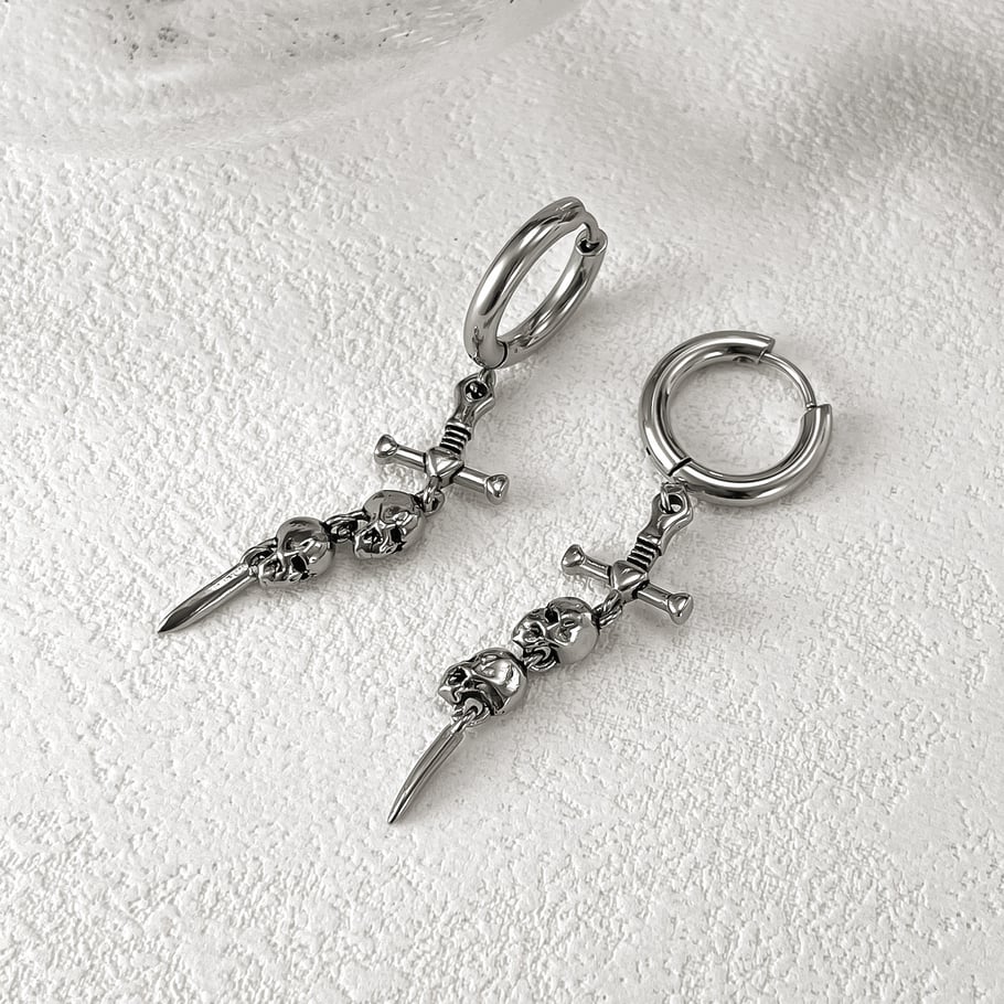 Ornate Skull & Sword Stainless Steel Men's Drop Earrings Picture3