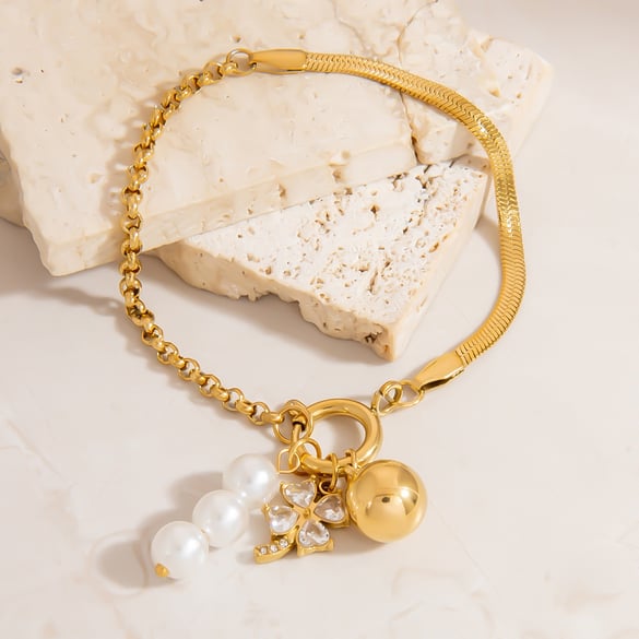 1 stuk Simple Series Retro Klaver roestvrij staal goudkleurige zirkoon dames bedelarmbanden