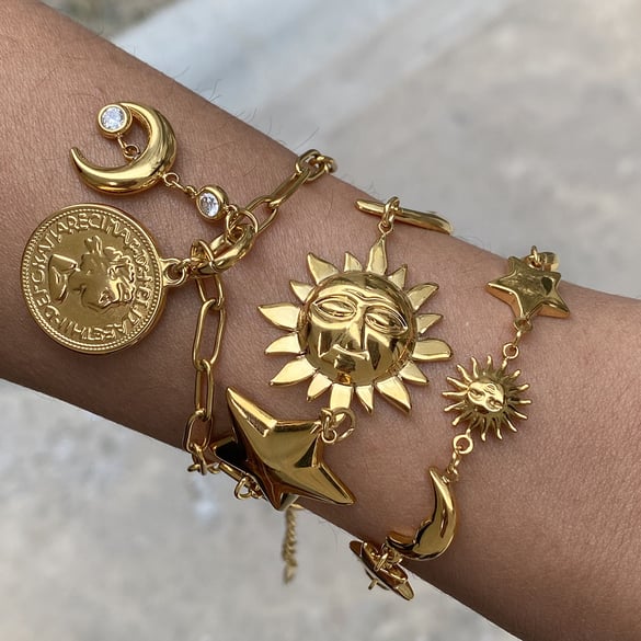 Braccialetti con ciondoli retrò Sole/Luna in acciaio inossidabile color oro