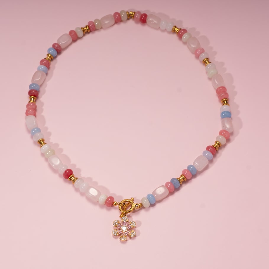Exquisite Flower Stainless Steel Gold Color Natural Stone Women's Beaded Necklaces Picture3