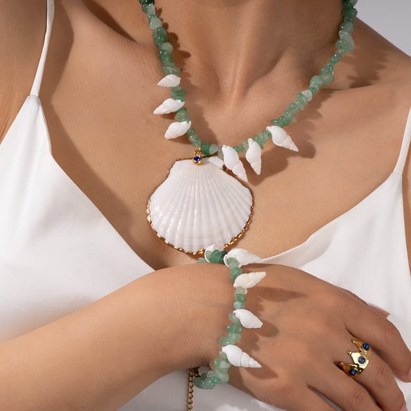 Colliers pendentifs pour femmes en perles d&#39;aventurine verte et coquillages 2