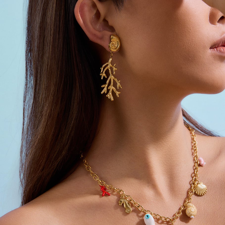 Retro Coral Stainless Steel Gold Color Drop Earrings Picture3