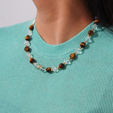 Retro Tiger's-eye Beads Stainless Steel Gold Color Natural Stone Women's Beaded Necklaces h5 Picture5
