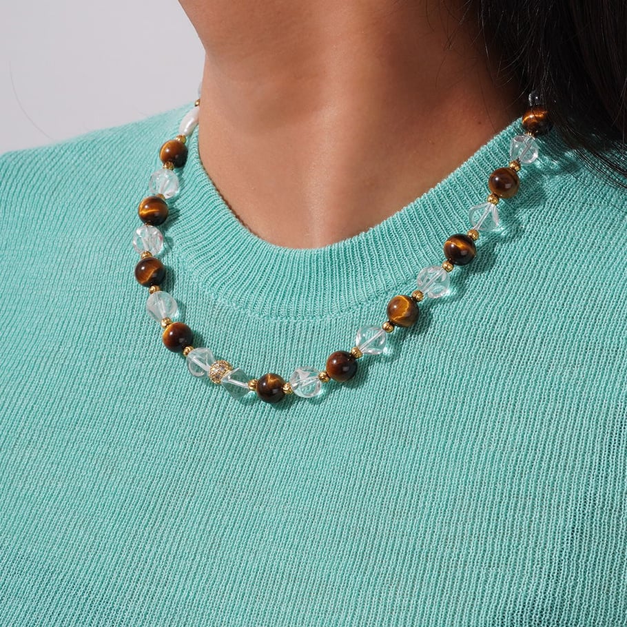 Retro Tiger's-eye Beads Stainless Steel Gold Color Natural Stone Women's Beaded Necklaces Picture5