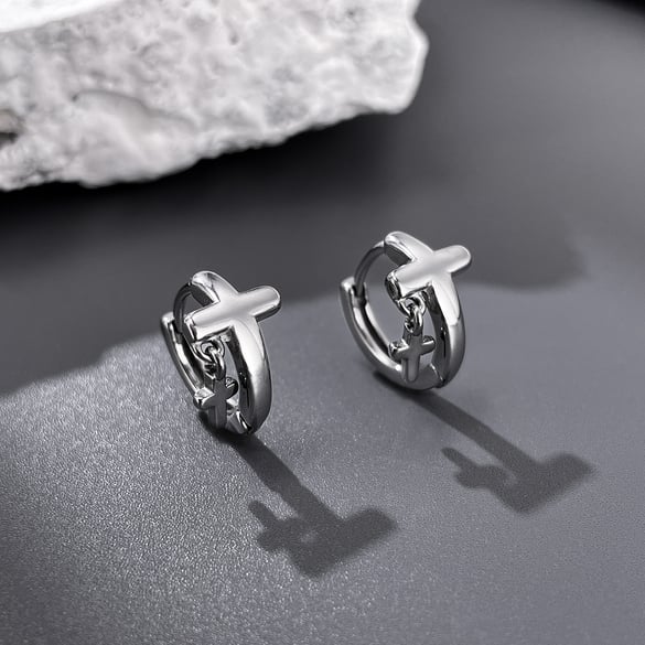 Modern Cross Stainless Steel Men's Hoop Earrings 2