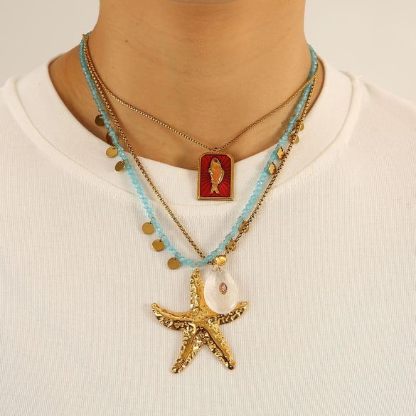 Collane con ciondolo a forma di stella marina oceanica in acciaio inossidabile color oro da donna 2