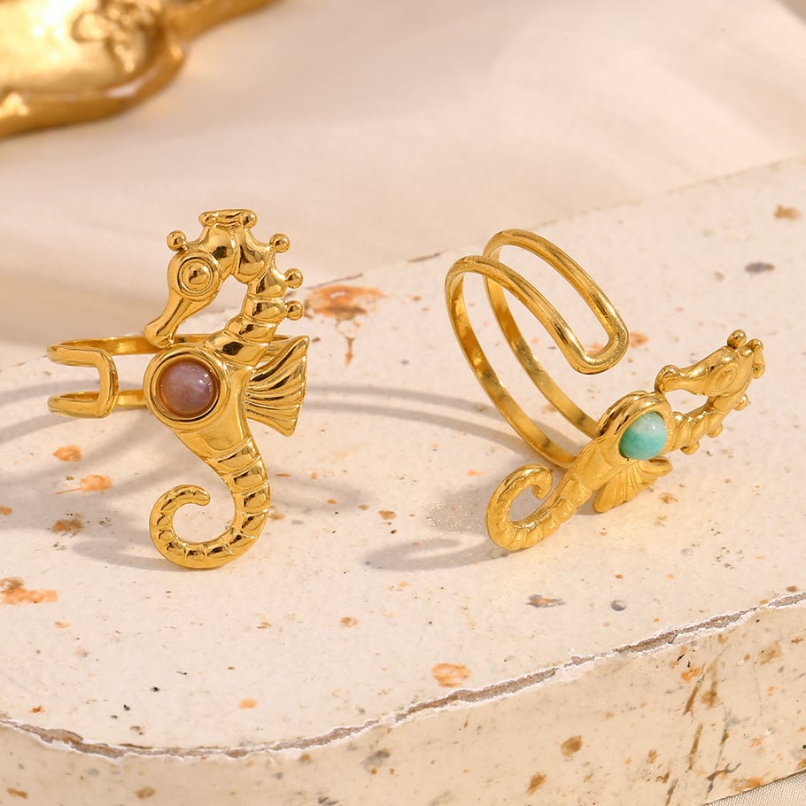 Seahorse Stainless Steel Gold Color Adjustable Rings Picture4