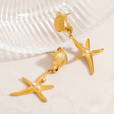 Retro Starfish Stainless Steel Gold Color Drop Earrings h5 Picture4