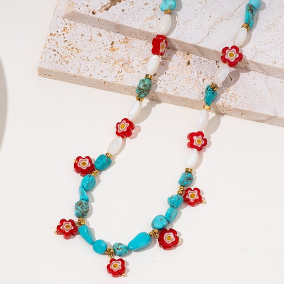 Turquoise bloem roestvrij staal goudkleurige natuursteen dames kralen kettingen 2