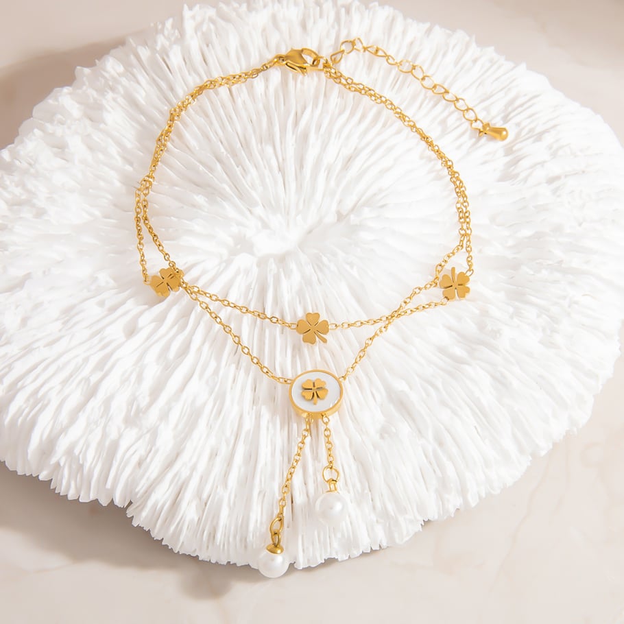 Classic Flower Stainless Steel Gold Color Artificial Pearl Women's Anklets Picture4