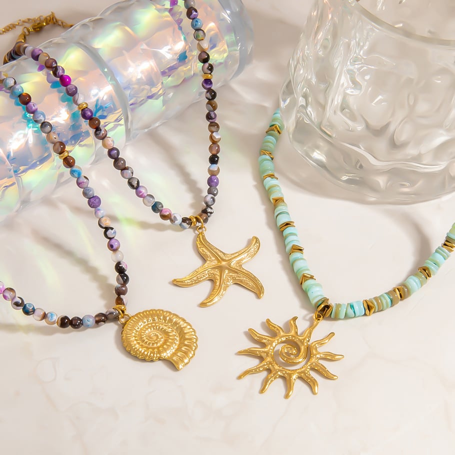 Designable Sun Stainless Steel Gold Color Natural Stone Women's Beaded Necklaces Picture5