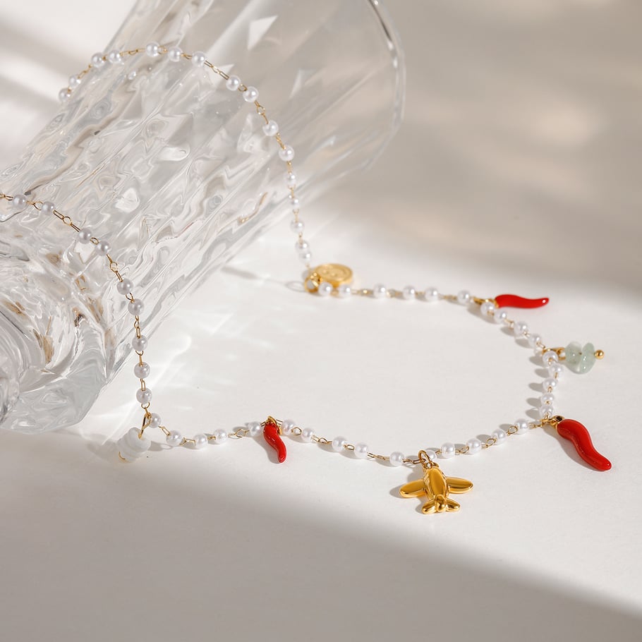 1 pezzo di collana con ciondolo in perle color oro, serie semplice, design originale, in acciaio inossidabile, da donna Immagine6