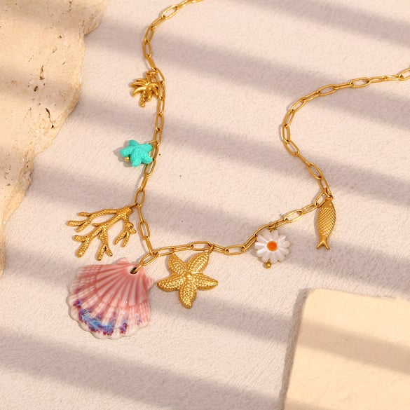 1 pezzo semplice serie vacanza tartaruga in acciaio inossidabile color oro collana con ciondolo a conchiglia da donna