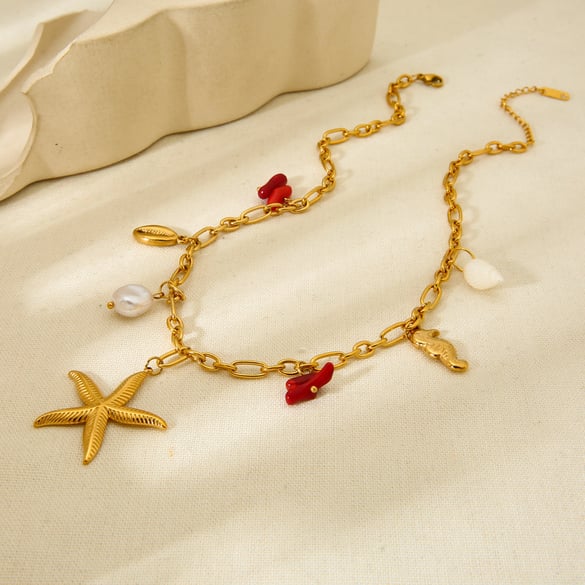 Collana con ciondolo a forma di stella marina in acciaio inossidabile, elemento oceano, 1 pezzo