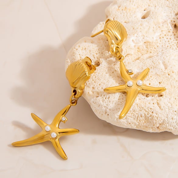 Retro Starfish Stainless Steel Gold Color Drop Earrings