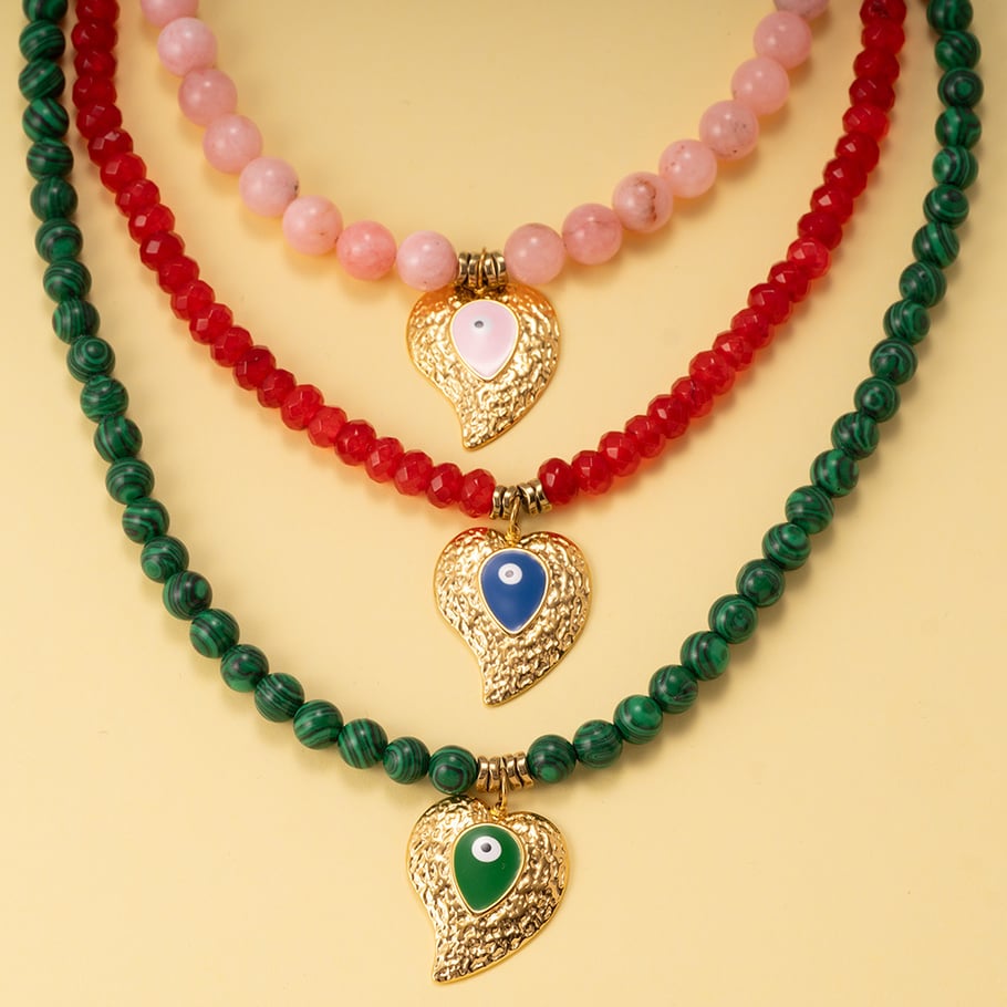 1 Piece Ethnic Series Bohemian Nature Stone Heart & Eye Patern Stainless Steel Gold Color Women's Beaded Necklaces Picture6