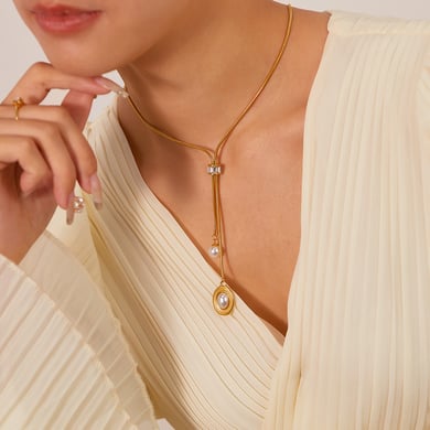 Collar de cadena de acero inoxidable con borlas elegantes de serie simple de 1 pieza para mujer h5 Imagen5