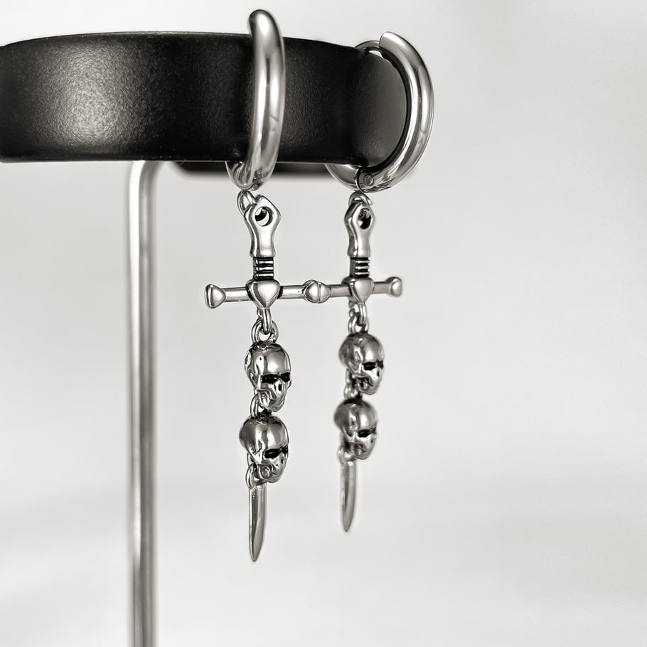 Ornate Skull & Sword Stainless Steel Men's Drop Earrings h5Picture4