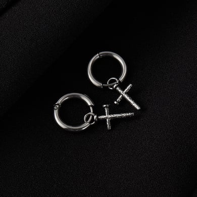 1 Pair Modern Cross Hammered texture Stainless Steel Men's Stud Earrings h5 Picture4