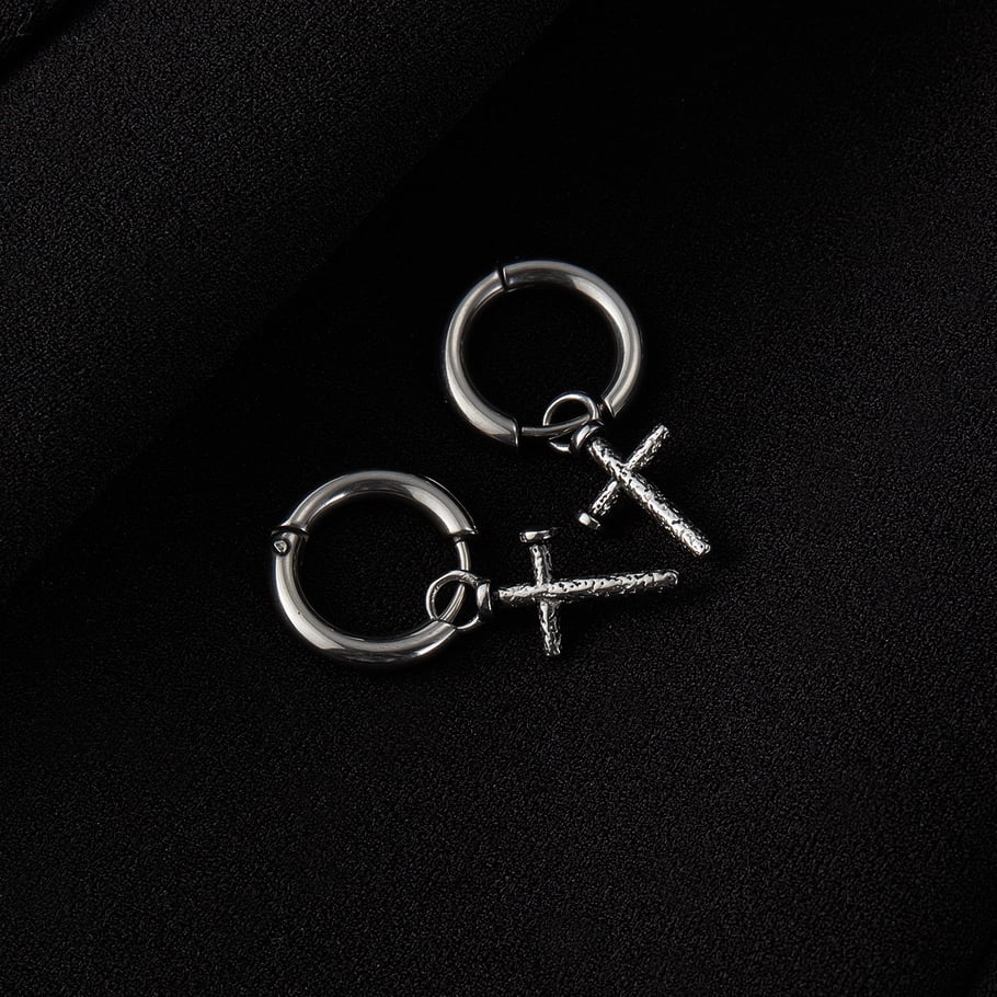 1 Pair Modern Cross Hammered texture Stainless Steel Men's Stud Earrings Picture4