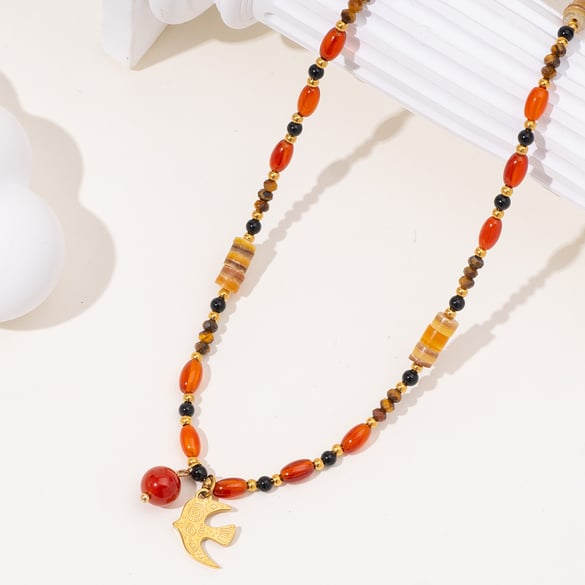 Classic Dove Stainless Steel Gold Color Natural Stone Women's Beaded Necklaces