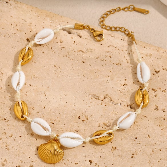 Bracelet de cheville pour femme, série Simple Vacation Turtle, en acier inoxydable, couleur or, coquillage
