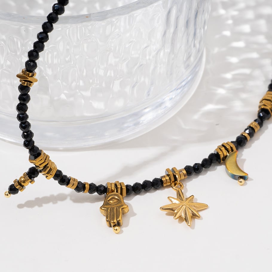 Black Spinel Moon Stainless Steel Women's Beaded Necklaces Picture5