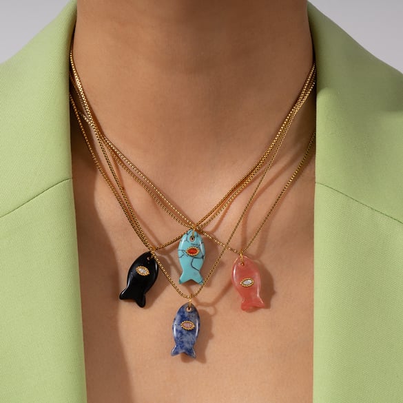 1 Piece Lustrous Series Textured FishStainless Steel Gold Color Natural Stone Women's Pendant Necklaces 2