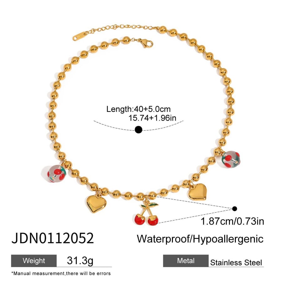 Sweet Cherry Stainless Steel Gold Color Beaded Necklaces 