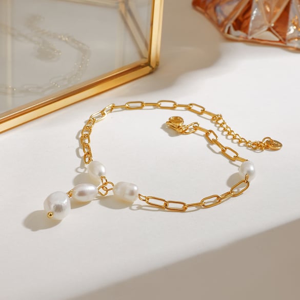 Cavigliere da donna in acciaio inossidabile color oro con perle, stile Ins, serie semplice, 1 pezzo 2