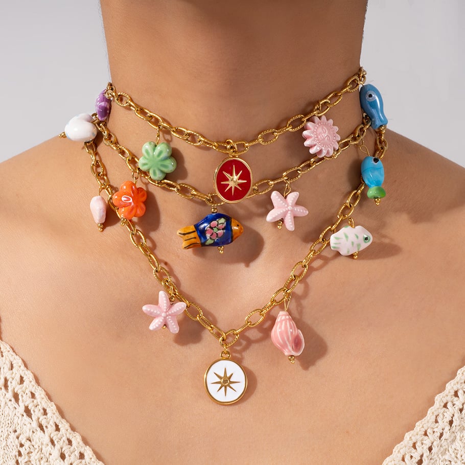 1 Piece Romantic Series Vacation Colorful Ceramic Fish Stainless Steel Gold Color Women's Pendant Necklaces Picture5