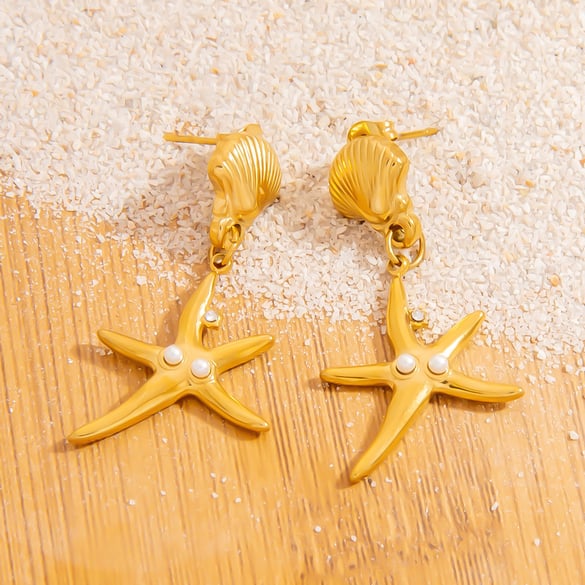 Retro Starfish Stainless Steel Gold Color Drop Earrings