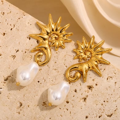 1 Paar einfache Serie Retro Schildkröte Edelstahl Gold Farbe künstliche Perle Damen Tropfen Ohrringe h5 Bild4